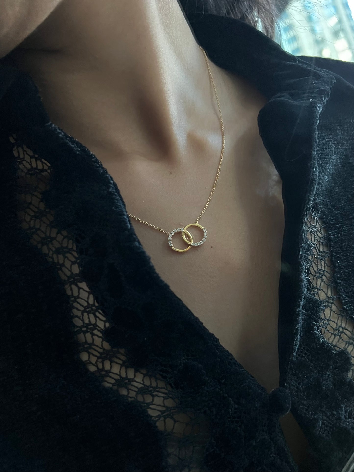 dainty necklace with two circles in half cz stones